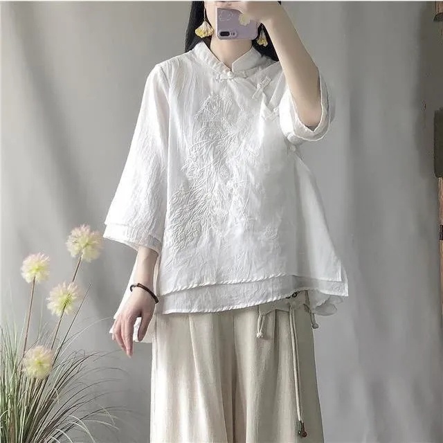 Áo Sơ Mi Vải Lanh Cotton Dáng Rộng Cài Nút Kiểu Trung Hoa Thời Trang Xuân Hè Cho Nữ