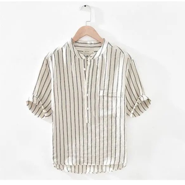 Áo Sơ Mi Cotton Lanh Mỏng Tay Lửng Cổ Đứng Dáng Rộng Họa Tiết Kẻ Sọc Thời Trang Mùa Hè Cho Nam