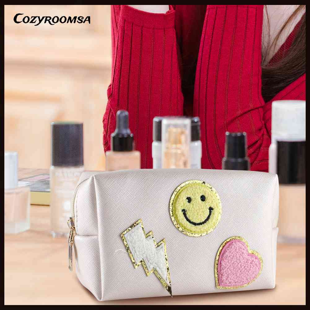 Túi Đựng Mỹ Phẩm Da PU Chống Thấm Nước Họa Tiết Mặt Cười Dễ Thương