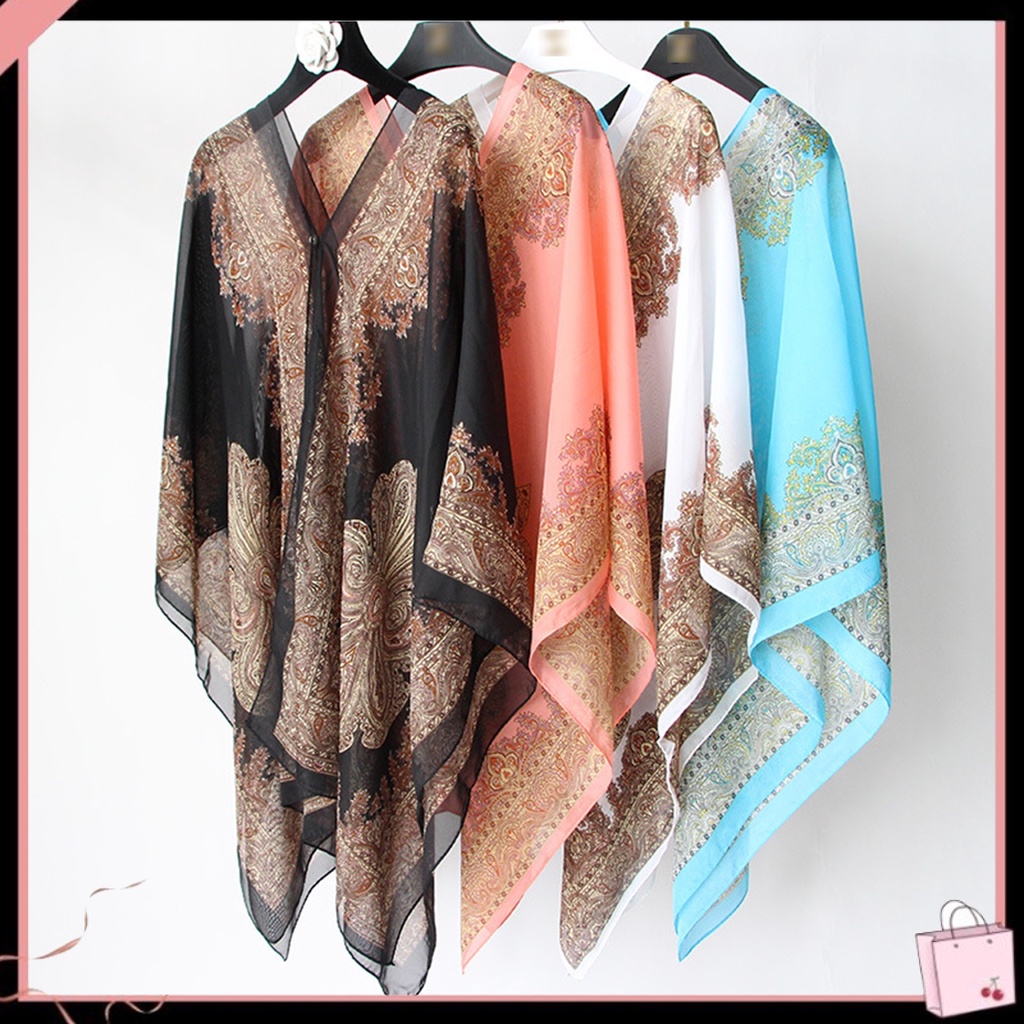 {Soltweter} Khăn Choàng Poncho Voan In Hoa Đa Chức Năng Chống Nắng Mặc Khi Đi Biển Cho Nữ