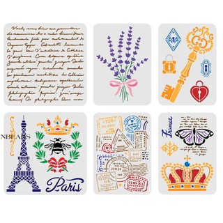 1Set 6 pcs French Writing Stampp Painting Stencil 2 Size Eiffel Tower/Vintage key/Crown/Bee/French Label/Butterfly/Flower Bouquet Drawing Stencil For Wall Wood Furniture