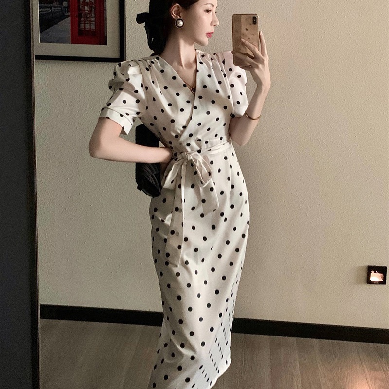 IELGY  Đầm Tay Phồng Họa Tiết Chấm Bi Cột Dây Phong Cách Pháp Thanh Lịch Cho Nữ