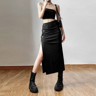 Klalien Chân Váy Xẻ Tà Đơn Giản Màu Đen Quyến Rũ Dễ Phối Đồ Phong Cách Đường Phố Cá Tính Dành Cho Nữ