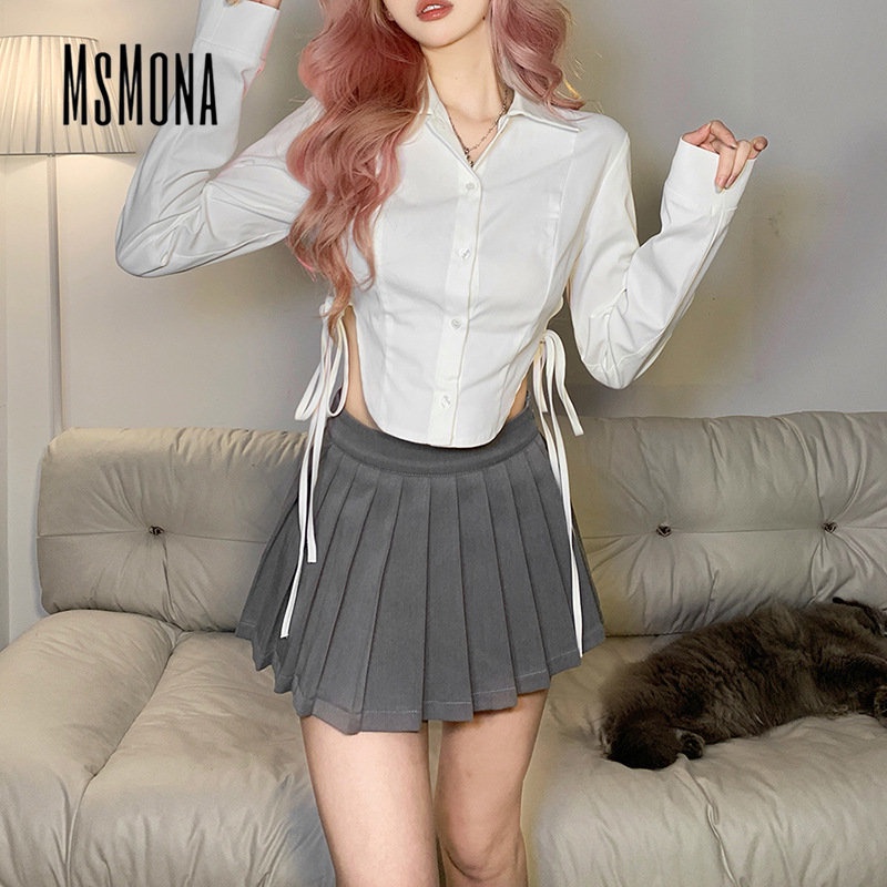 MsMona Áo Thun Tay Dài Cổ Bẻ Màu Trơn Dáng Ôm Thời Trang 2023 Dành Cho Bạn Nữ