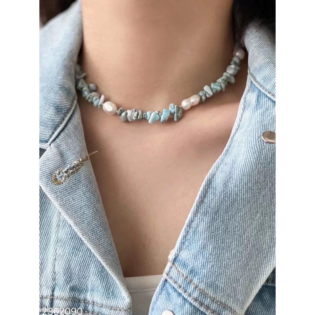 Vòng Cổ Hạt Ngọc Trai Hình Học Nhỏ Màu Xanh Dương Phong Cách Hàn Quốc Ngọt Ngào