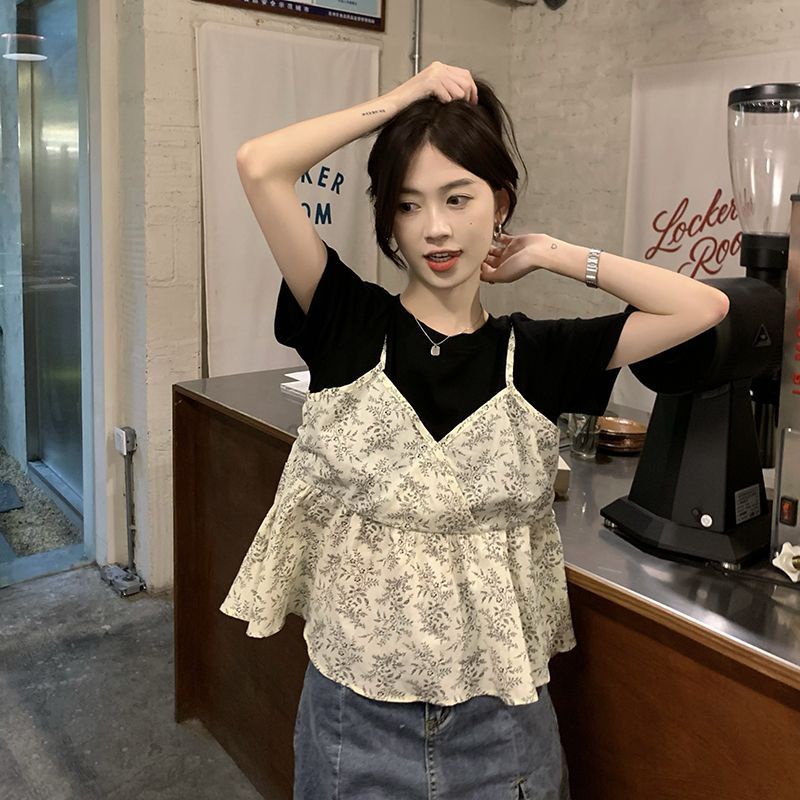 Áo Thun Ngắn Tay Giả Hai Lớp Họa Tiết Hoa Thời Trang Mùa Hè Cho Nữ Lên Đến 300KG