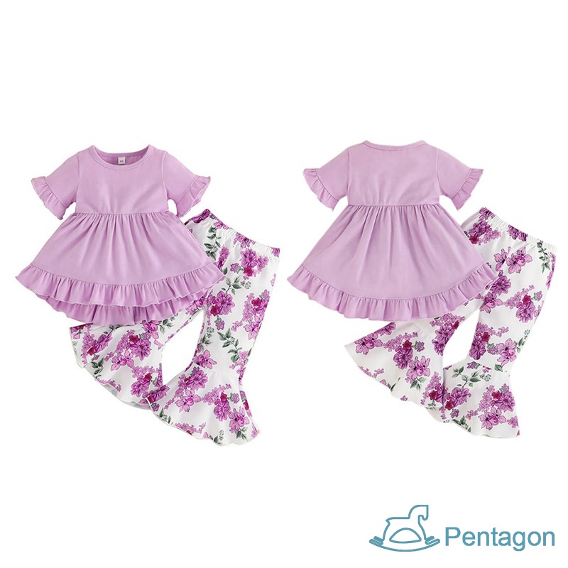 Set Đồ Mùa Hè 2 Món Gồm Áo Trơn Màu Và Quần Ống Loe Cho Bé Gái