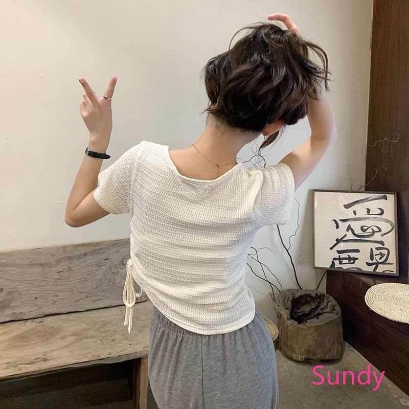 Áo Thun Ngắn Tay Cổ Vuông Dáng Rộng Phối Dây Rút Lệch Tà Kiểu Phương Tây Thời Trang Mùa