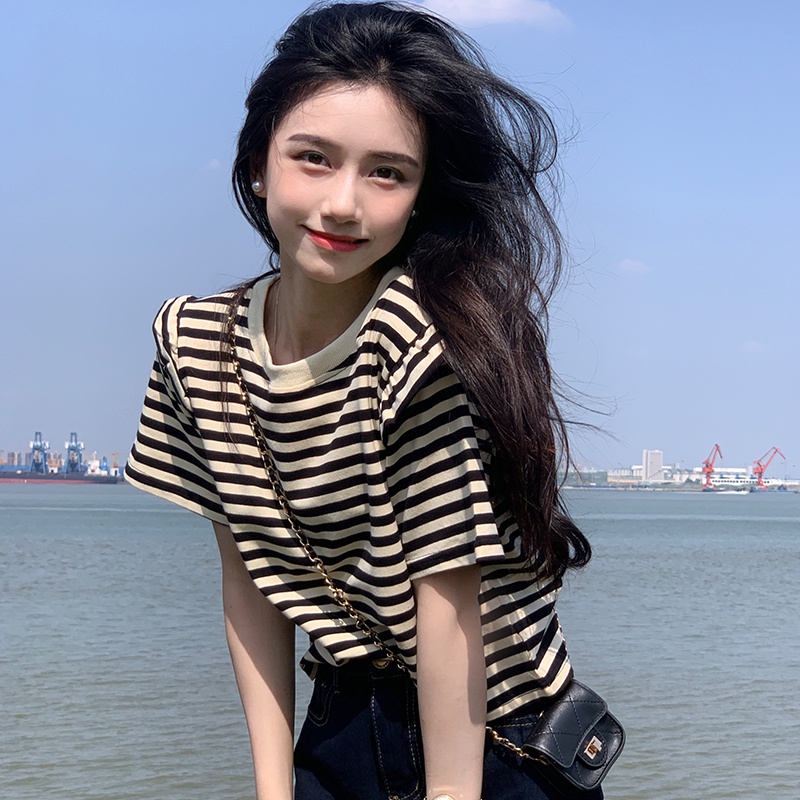 Áo thun SUXI tay ngắn cổ tròn dáng rộng họa tiết kẻ sọc thời trang cổ điển dễ phối đồ cho nữ