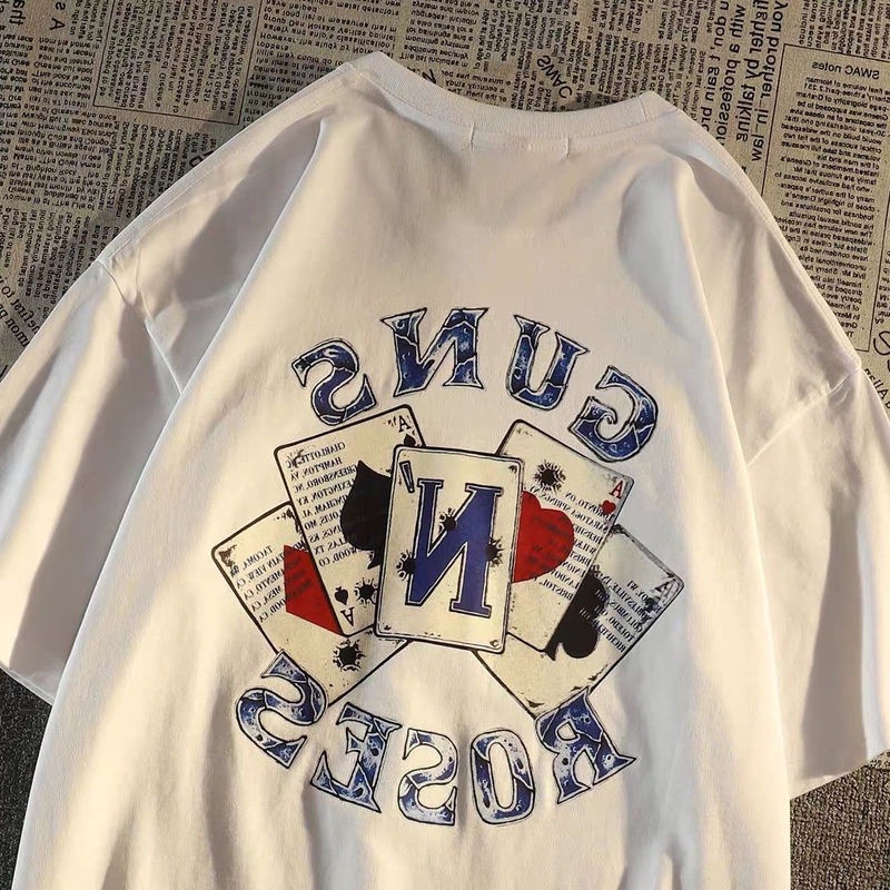 Áo Thun 100% Cotton Tay Ngắn Dáng Rộng In Hình Lá Bài Poker Thời Trang Cho Cặp Đô