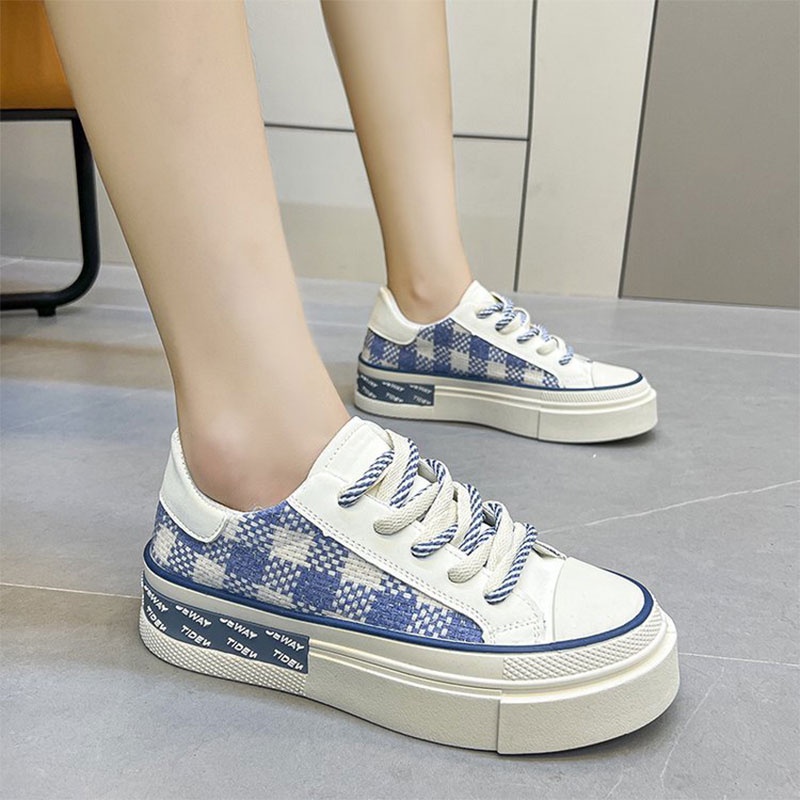 Giày Thể Thao Vải canvas Họa Tiết Caro Tương Phản Phong Cách Mới Cho Nữ