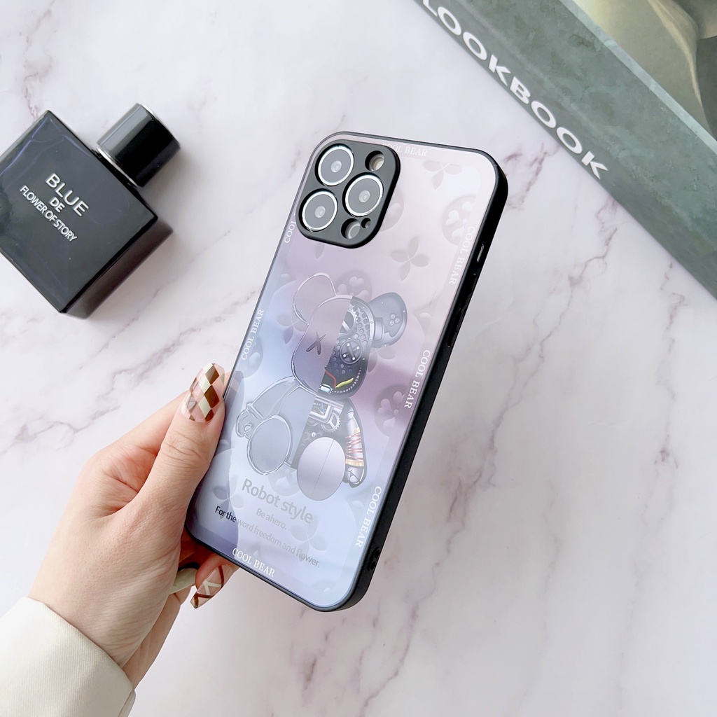 Ốp Điện Thoại Kính Cường Lực Viền tpu Dẻo In Hình Gấu Đơn Giản Thời Trang Cho iPhone 14 13 12 11 PRO MAX XR XS 7 8Plus