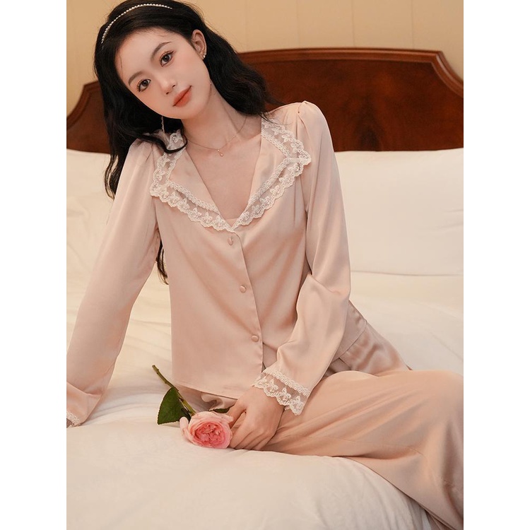 Bộ Đồ Ngủ Tay Dài Bằng Lụa Lạnh Viền Ren Phong Cách Pháp Thời Trang Xuân Thu 2023 Hàng Có Sẵn Giao Hàng Miễn Phí