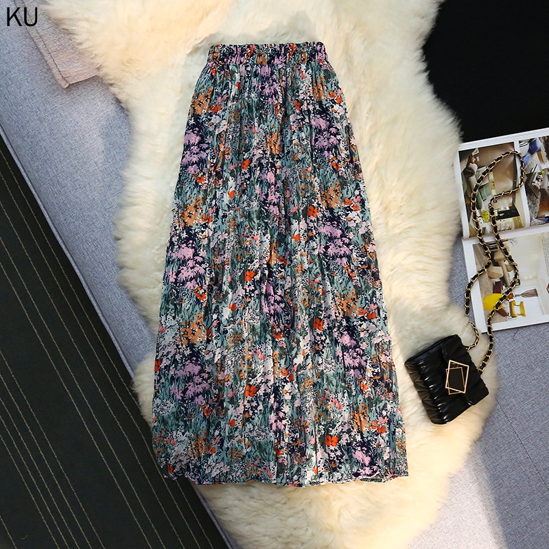 Chân Váy Chiffon Chữ a Xếp Ly Lưng Thun In Họa Tiết Hoa Phong Cách Pháp Cổ Điển Thời Trang Mùa Hè 2023 Mới Cho Nữ
