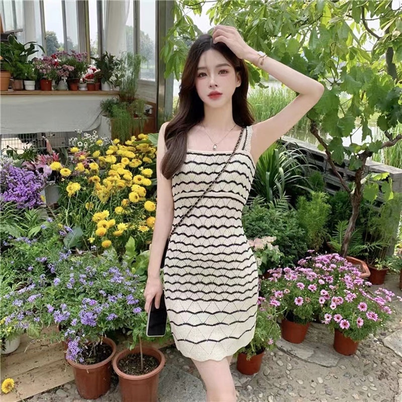 Đầm XINLANYASHE hai dây kẻ sọc thời trang Hàn Quốc mới cho nữ