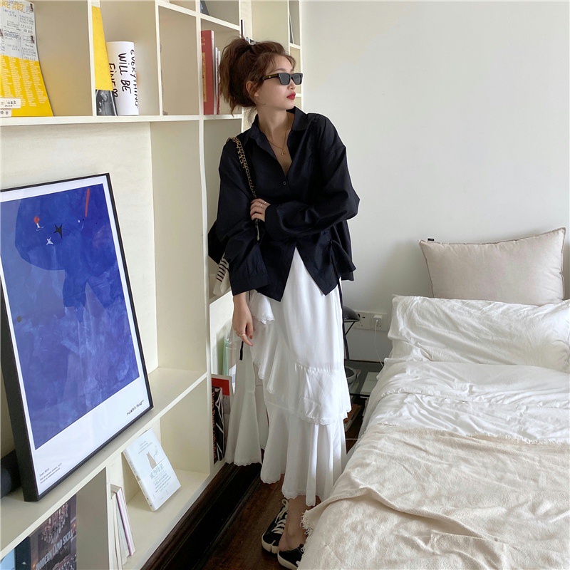 IELGY   Áo Sơ Mi Trắng Dáng Rộng Dây Rút Buộc Thiết Kế Cảm Giác Hàn Quốc Cho Nữ