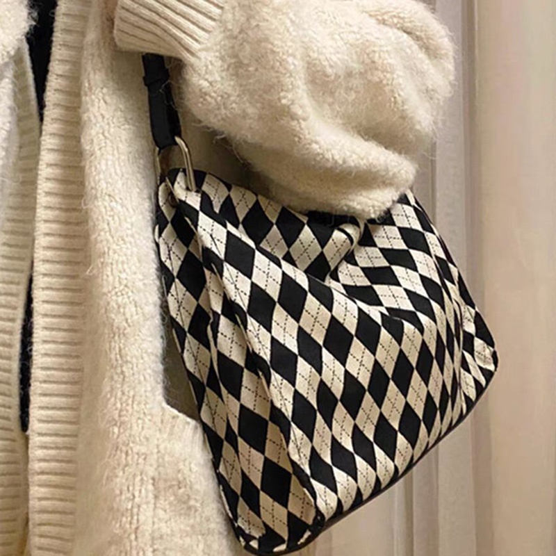 Túi Đeo Vai Sức Chứa Lớn Họa Tiết Hình Thoi Màu Trắng Đen Chất Lượng Cao Cho Nữ