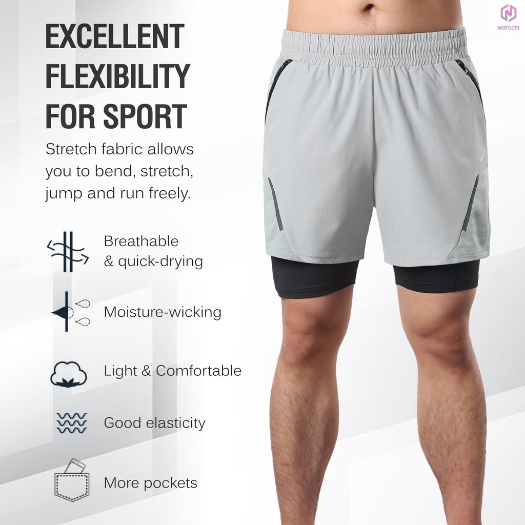 Quần Đùi Thể Thao 2 Trong 1 Nhanh Khô Có Túi Khóa Kéo Cho Nam