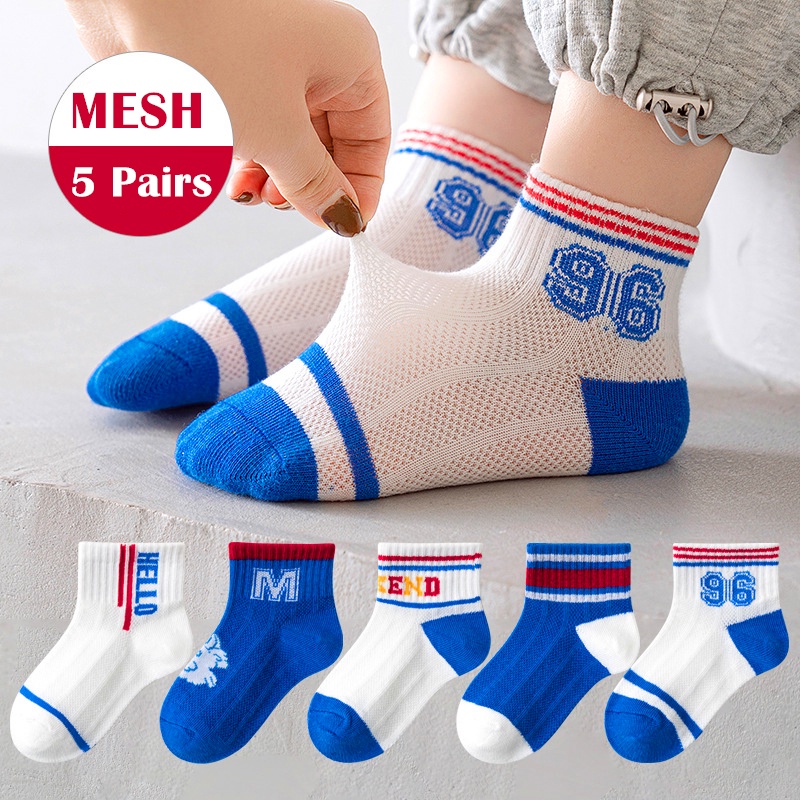 Set 5 Đôi Tất Lưới In Chữ Hello 96 Mỏng Màu Xanh Dương Kokorocre ML-24 2023 Cho Bé Size S / M / L 1-8 Tuổi