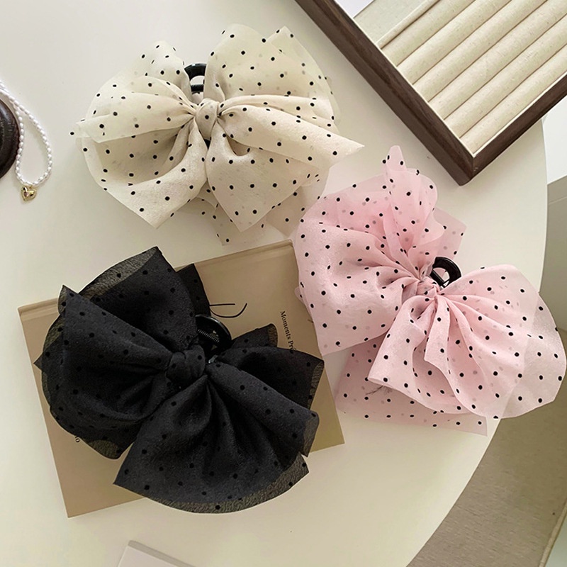 Kẹp Tóc Cá Mập Vải Gạc Chấm Bi Màu Hồng Kích Thước Lớn ins