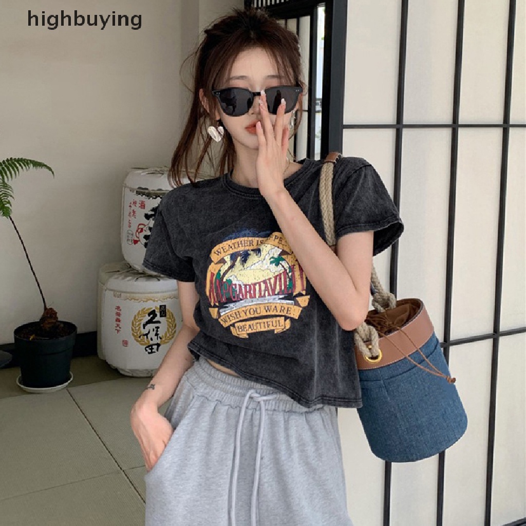 Áo Thun Croptop Tay Ngắn Cổ Tròn Dáng Rộng In Họa Tiết Kiểu Retro Mỹ Xinh Xắn Cho Nữ