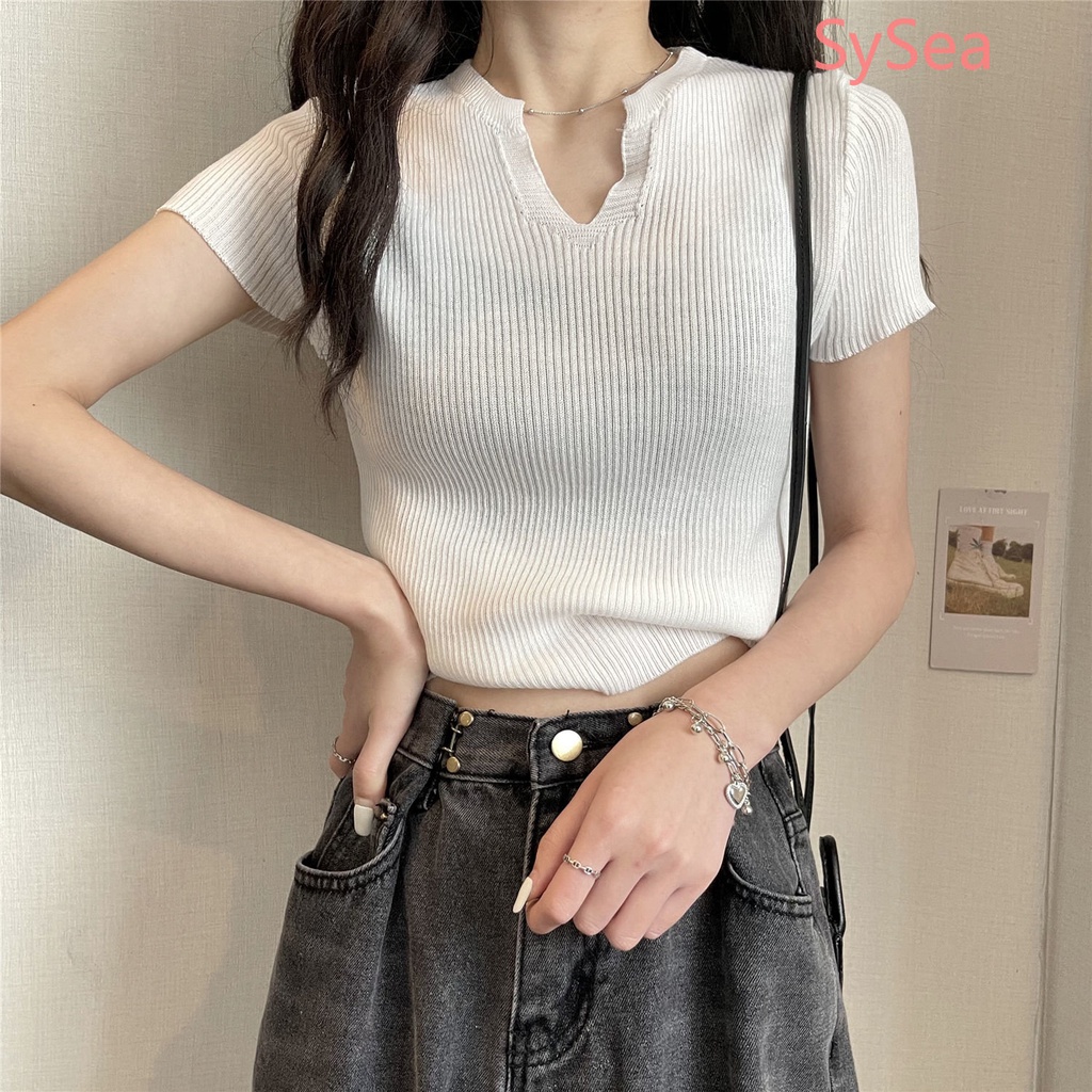 Áo Thun Dệt Kim Tay Ngắn Cổ Chữ V Thời Trang Mùa Hè Cho Nữ