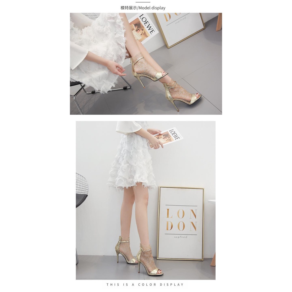 Xăng Đan Cao Gót Hở Mũi Chân Đính Đá Trẻ Trung Nữ Tính Phong Cách Âu Mỹ