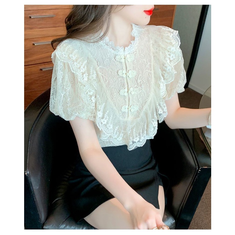 Áo Voan Tay Ngắn Phồng Phối Ren Thời Trang Mùa Hè Dành Cho Nữ E1MH