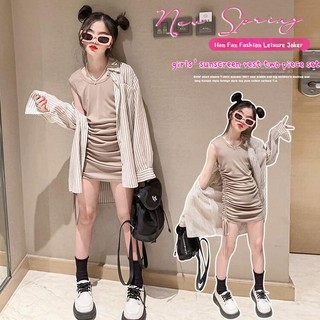Set áo sơ mi tay dài phối chân váy thời trang mùa hè xinh xắn cho bé gái