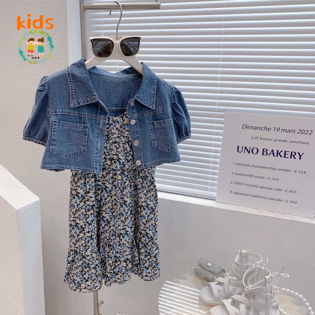 Set Áo Denim Tay Ngắn + Váy Yếm Thời Trang Mùa Hè Mới Cho Bé Gái 3-5 - 8-10 - 12-13 Tuổi