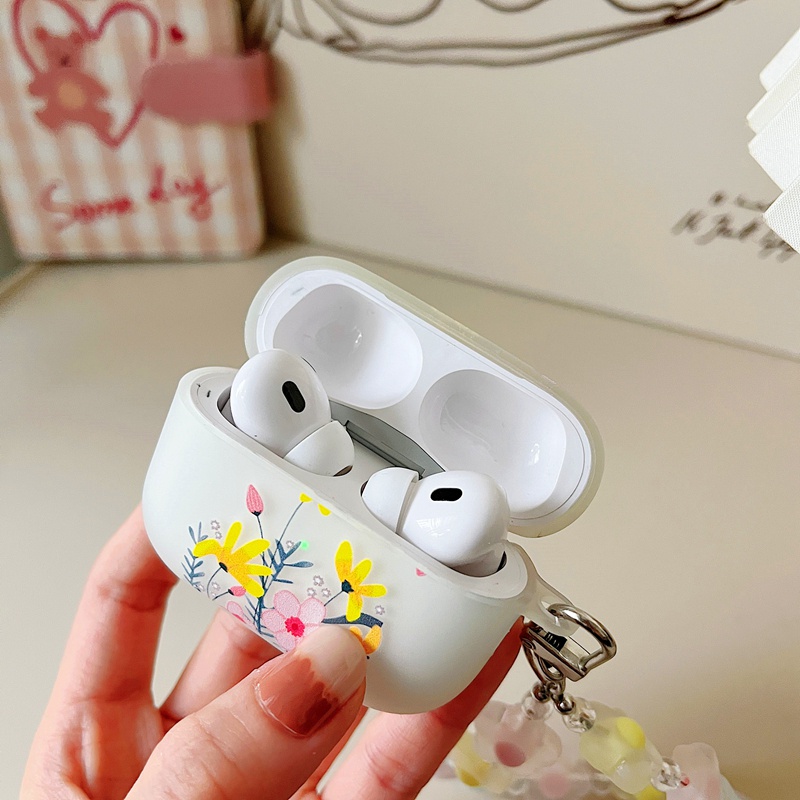 Vỏ Bảo Vệ Hộp Sạc Tai Nghe AirPods 3 / Pro 2 Bằng Silicon Hình Hoa / Mặt Cười Dễ Thương Kèm Dây Đeo Tiện