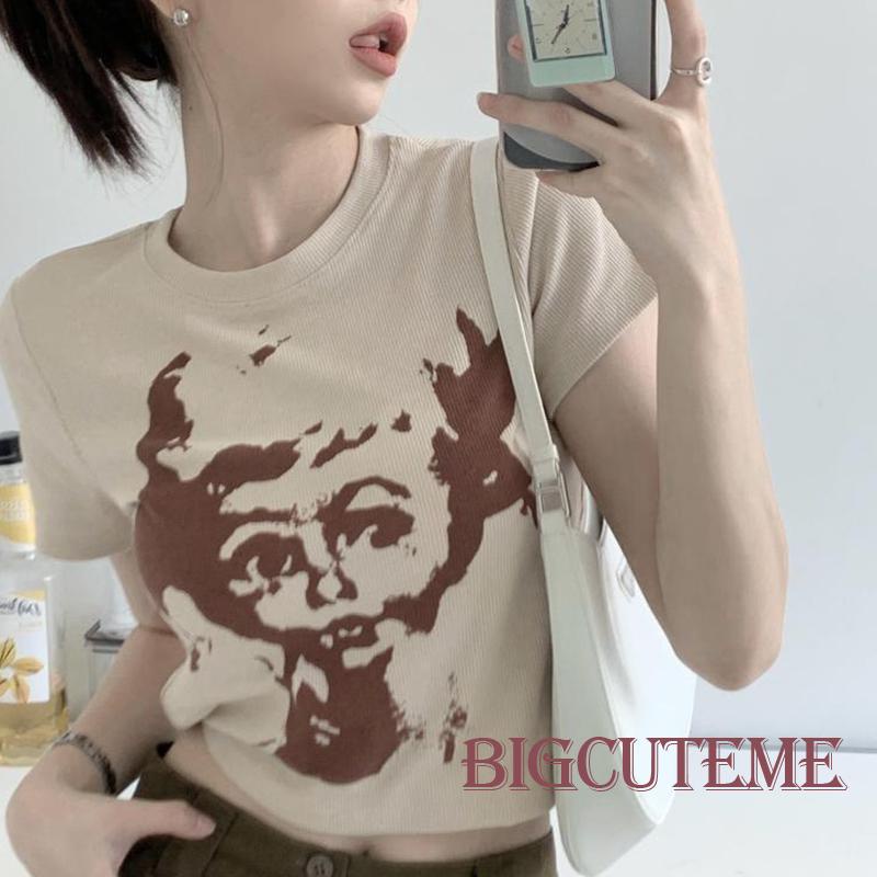 Áo Thun Lửng Ngắn Tay Form Rộng Họa Tiết Trừu Tượng Phong Cách Retro Dành Cho Nữ