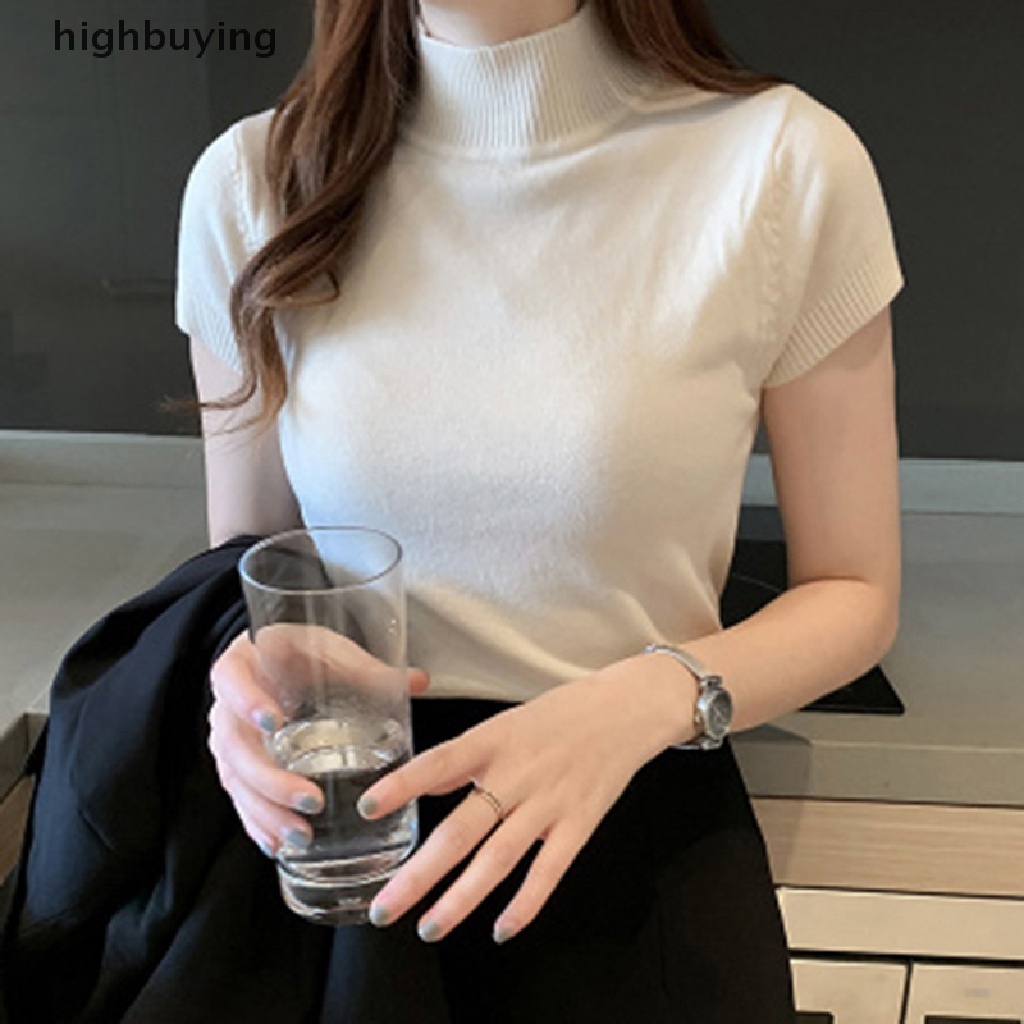 Áo Thun Dệt Kim Tay Ngắn Cổ Lọ Màu Sắc Đơn Giản Cho Nữ