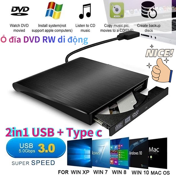 Ổ đĩa DVD RW di động gắn ngoài Phiên bản nâng cấp kết nối cổng USB 3.0- hàng nhập khẩu chính hãng
