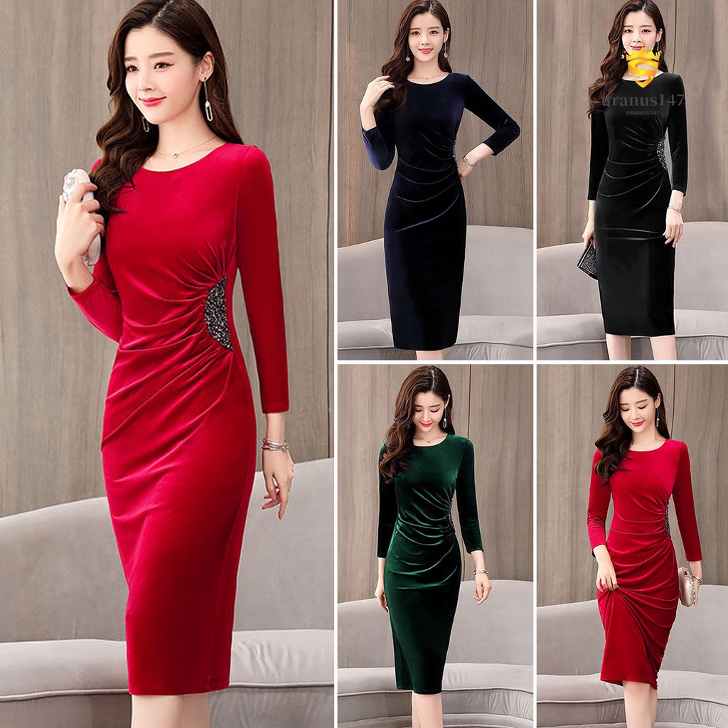 Ur.e Đầm Dạ Hội Dài Đến Đầu Gối Ôm Dáng Xếp Ly Cổ Tròn Màu Trơn Phong Cách Chi-pao Ấm Áp Cho Nữ