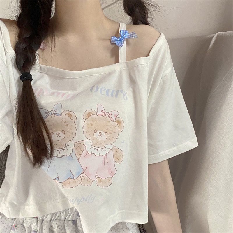 Áo Thun Ngắn Tay 2 Dây Mềm Mại Màu Trơn In Hình Gấu Ngủ Ngon Đính Nơ Phong Cách Nhật Bản Thời Trang Cho Nữ 2