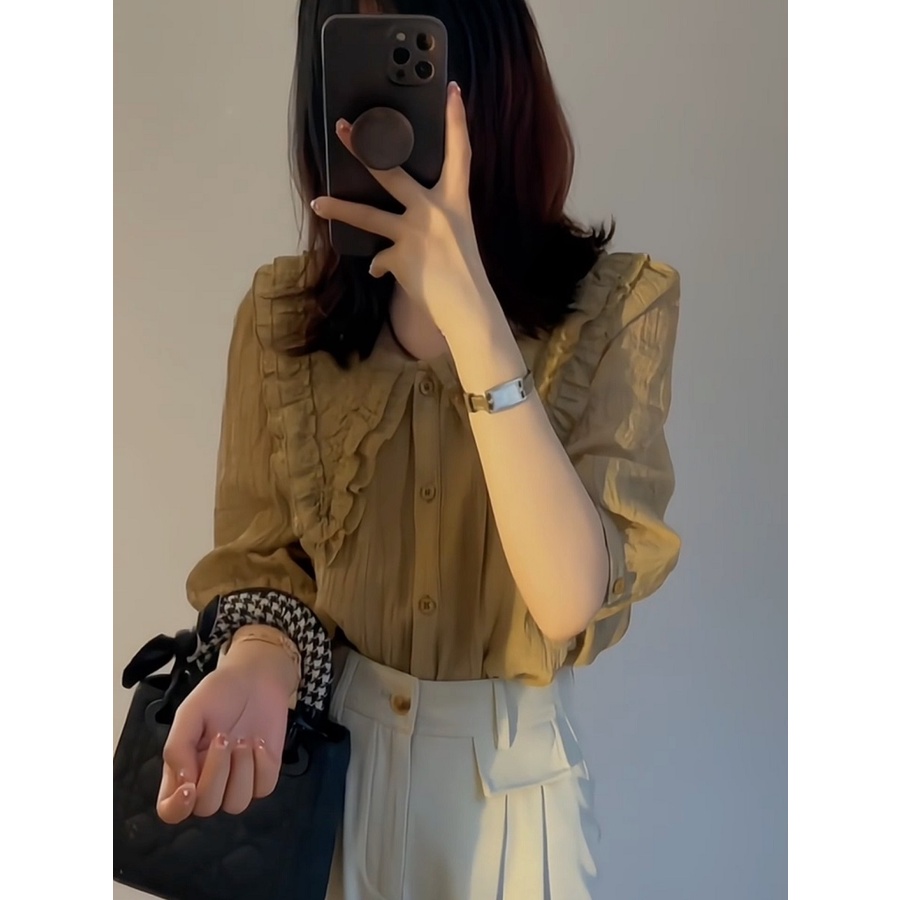 Áo Sơ Mi Ngắn Tay Xếp Ly Cổ Búp Bê Phong Cách Pháp Thời Trang Mùa Hè Cho Nữ