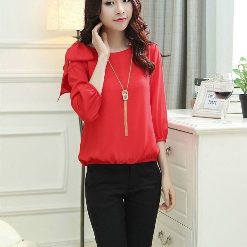 Áo Sơ Mi Voan Tay Lửng Trễ Vai Đính Nơ Xinh Xắn Dành Cho Nữ