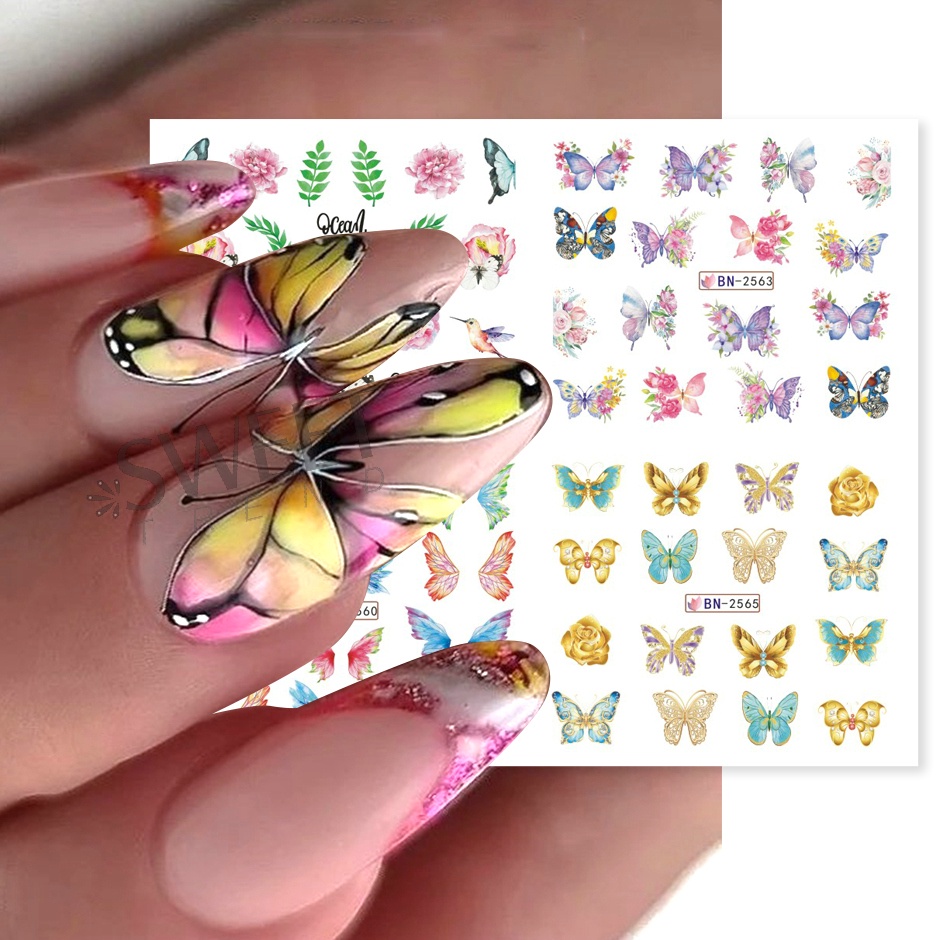 Bộ 12 Miếng Dán Móng Tay Hình Bướm Phối Dây Ruy Băng Màu Đen / Xanh Dương Độc Đáo