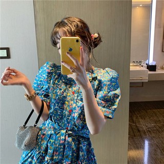 Hàng Có Sẵn Đầm BORAKOO Hàn Quốc Dongdaemun Chính Hãng Mùa Hè ~ Đầm Tay Phồng In Họa Tiết Hoa / Chim Công Phối Bèo