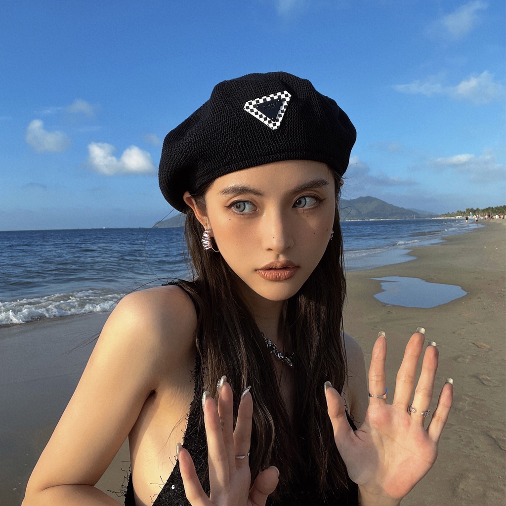Mũ nồi beret tag tam giác kẻ caro mỏng thời trang xuân hè dành cho nữ