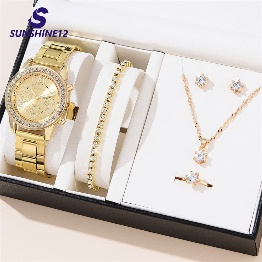 Đồng Hồ Nữ Dây Thép Geneva Giả Ba Mắt Bộ Đồng Hồ Thạch Anh Vòng Tay Vòng Cổ Phong Cách Hàn Quốc Thường Ngày Cho Nữ