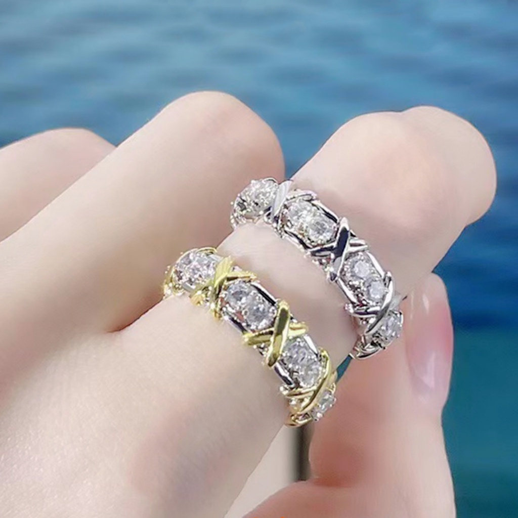 ♥Nhẫn Hình Chữ Thập XO Màu Bạc / Vàng Trắng Thời Trang Cho Nữ