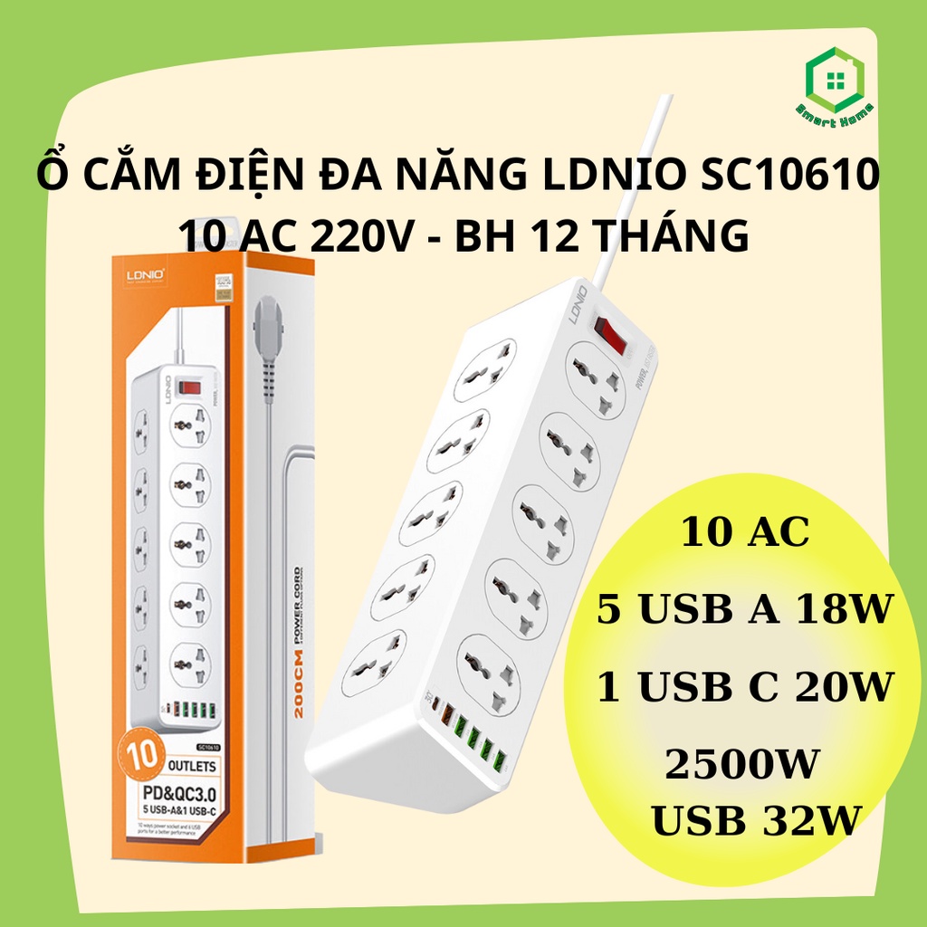 Ổ Cắm Điện Đa Năng LDNIO SC10610 – SC5415 Tích Hợp Cổng USB, Type C Chuẩn QC 3.0 Bảo Hành 12 Tháng