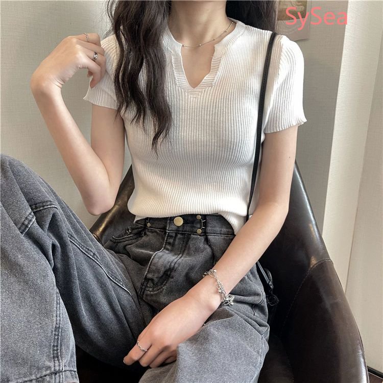 Áo Thun Dệt Kim Tay Ngắn Cổ Chữ V Thời Trang Mùa Hè Cho Nữ