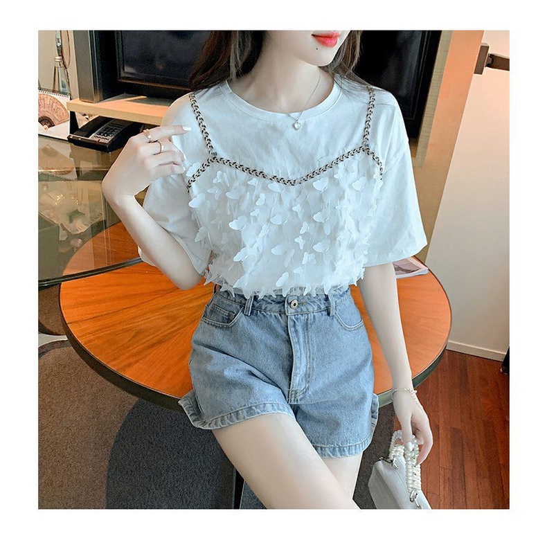 Áo Thun Cotton Giả Hai Mảnh Tay Ngắn Màu Trắng Phong Cách Mới Mùa Hè 2023