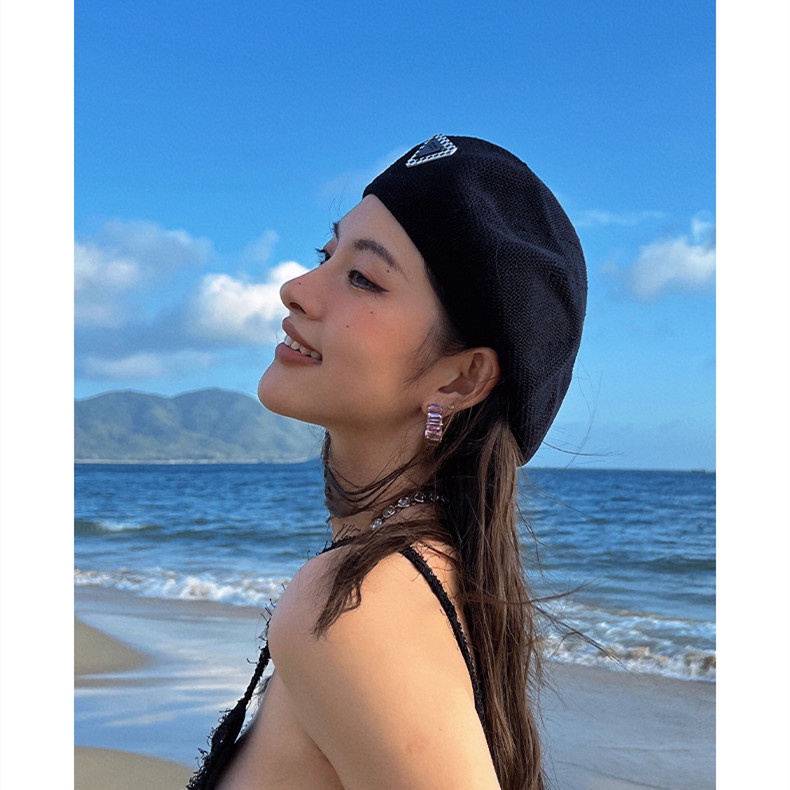 Mũ nồi beret tag tam giác kẻ caro mỏng thời trang xuân hè dành cho nữ