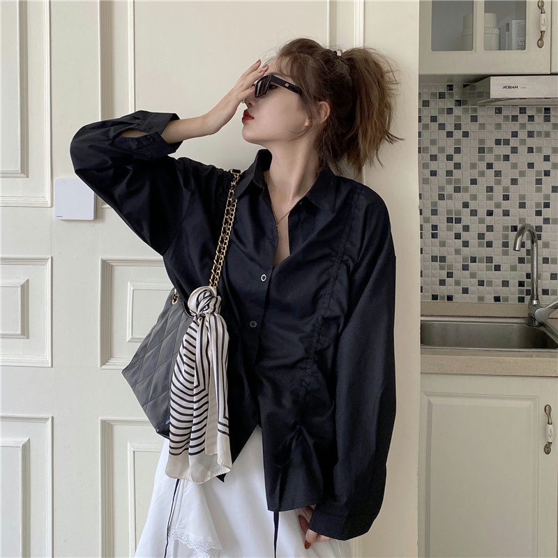 IELGY   Áo Sơ Mi Trắng Dáng Rộng Dây Rút Buộc Thiết Kế Cảm Giác Hàn Quốc Cho Nữ