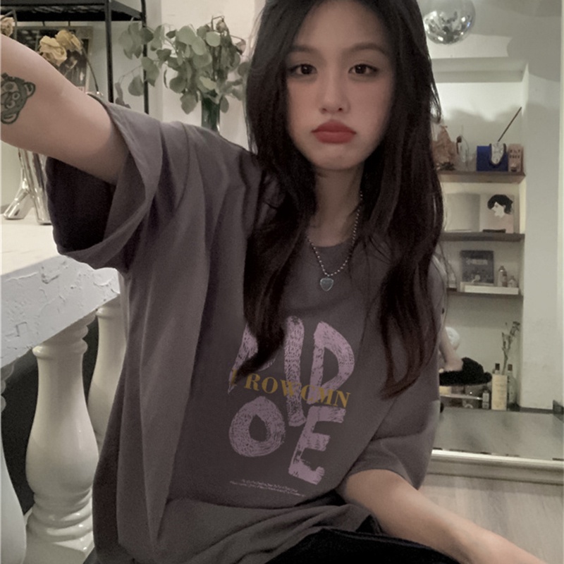 IELGY    Áo Thun Tay Ngắn In Chữ Màu Xám Dễ Phối Đồ Thời Trang Cho Nữ