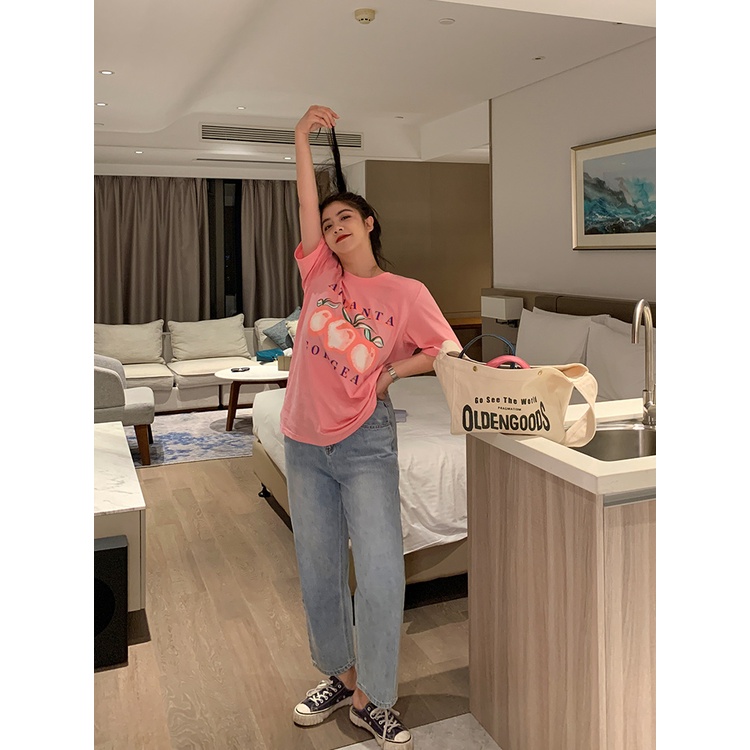 Áo Thun Nữ Ngắn Tay In Hình Quả Đào Phong Cách Vintage